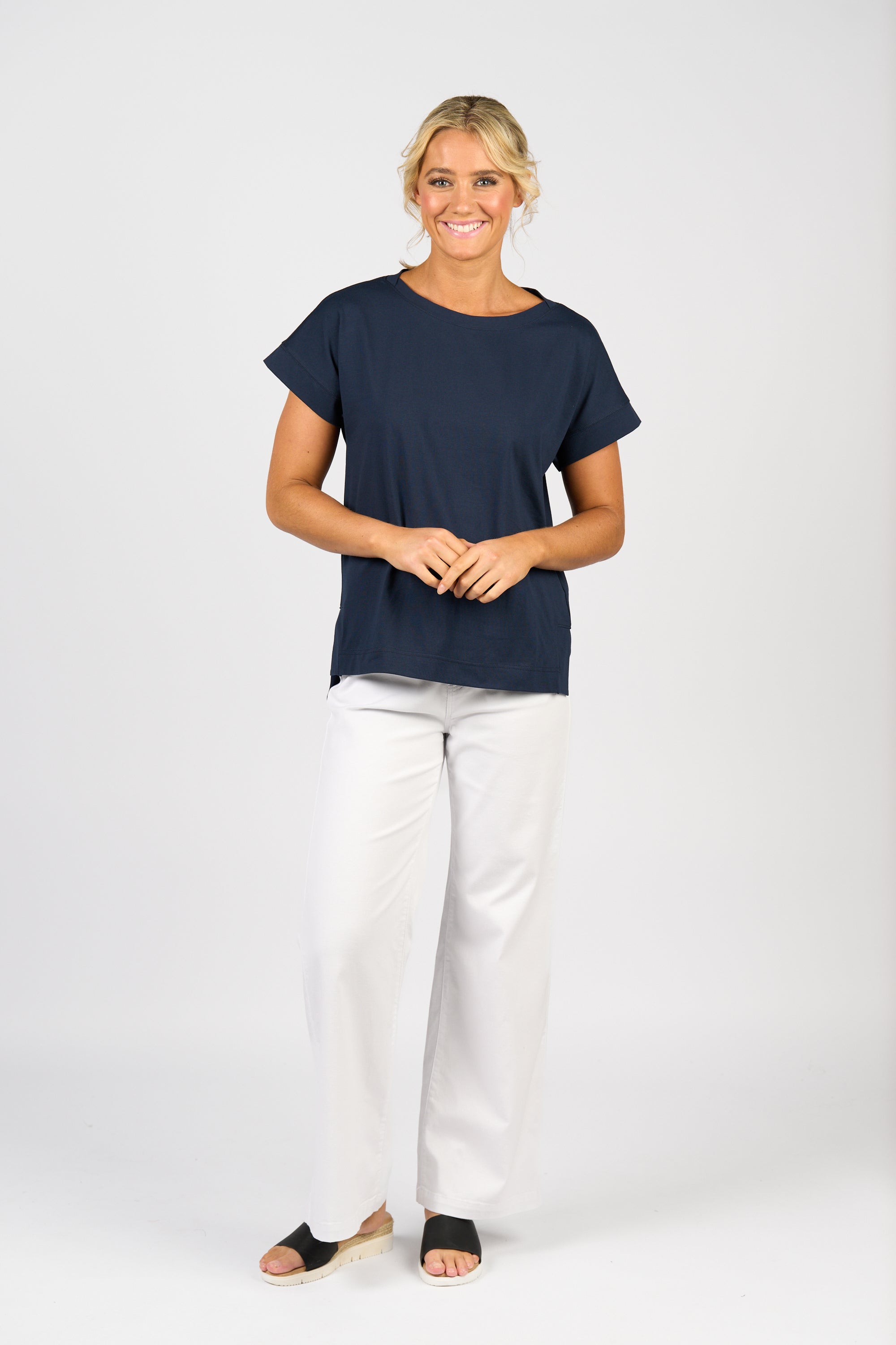Vassalli Drop Sleeve Top with Stepped Hem - Ink