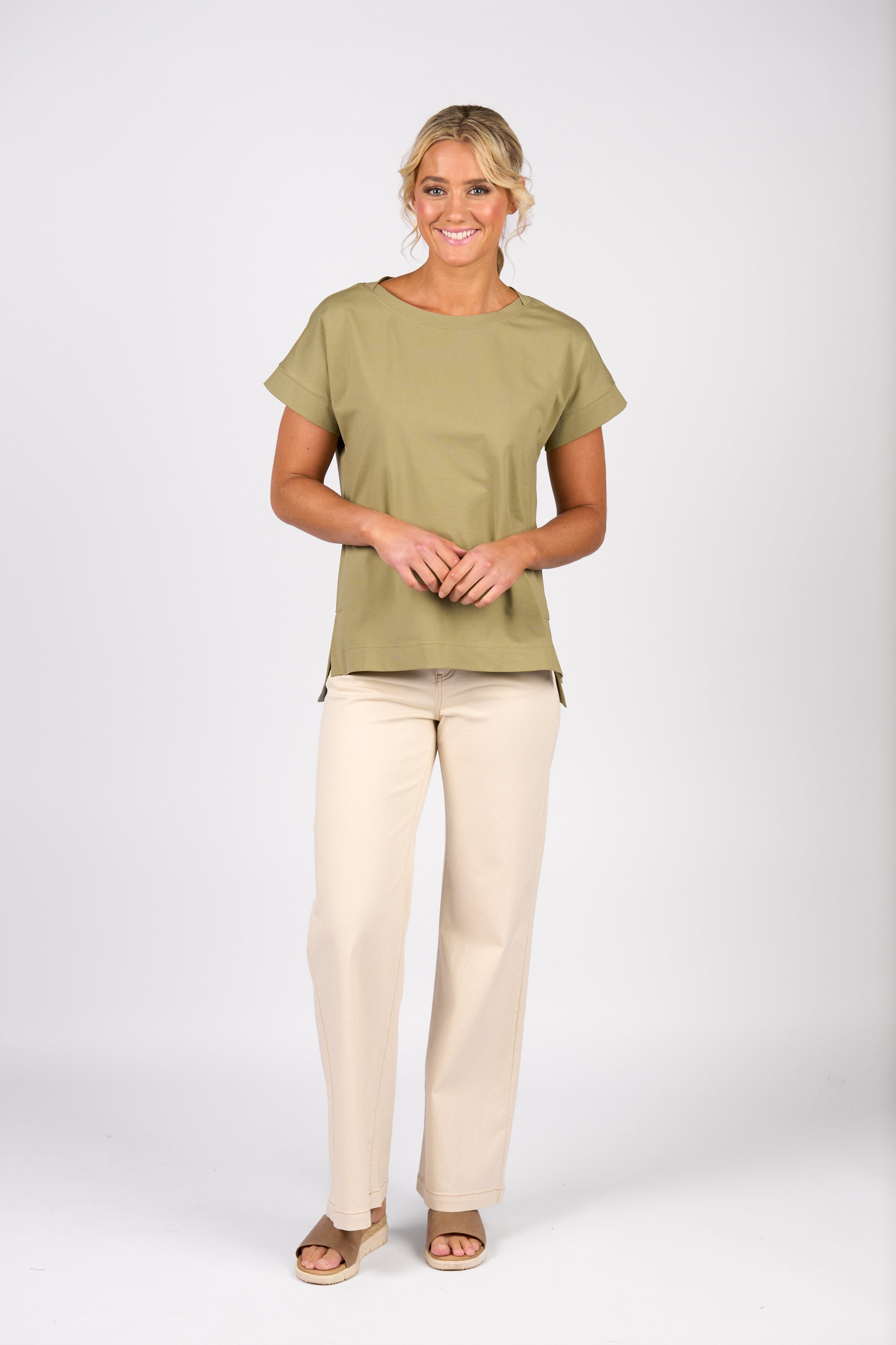Vassalli Drop Sleeve Top with Stepped Hem - Sage