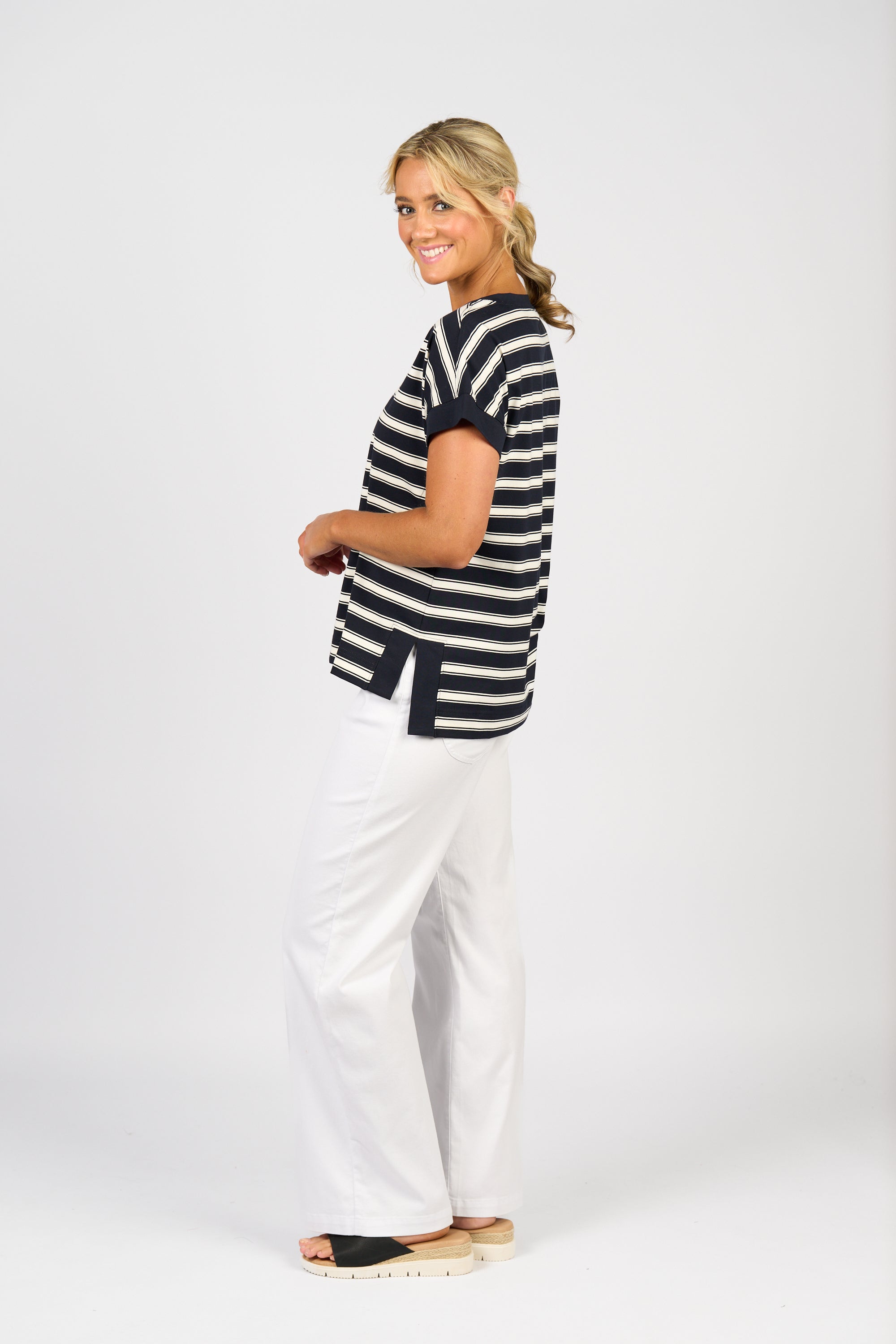 Vassalli Drop Sleeve Top with Stepped Hem - Ink Stripe
