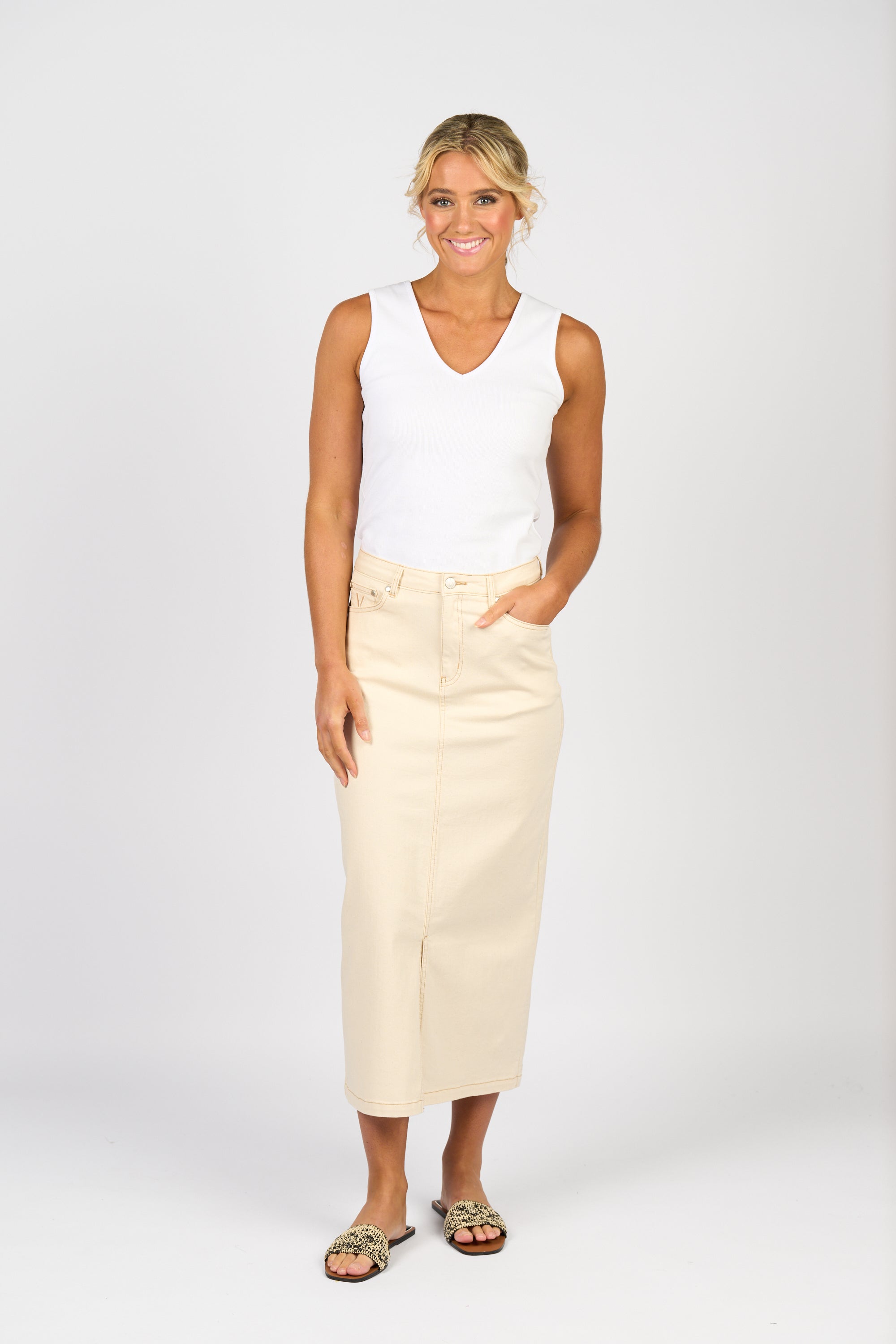 Vassalli Mid Length Skirt with Centre Front Split - Bone