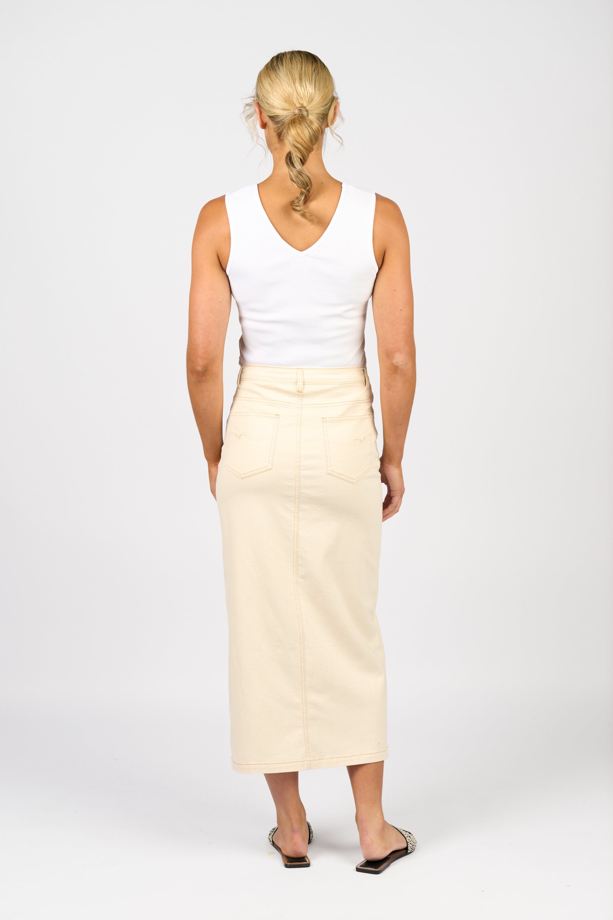 Vassalli Mid Length Skirt with Centre Front Split - Bone