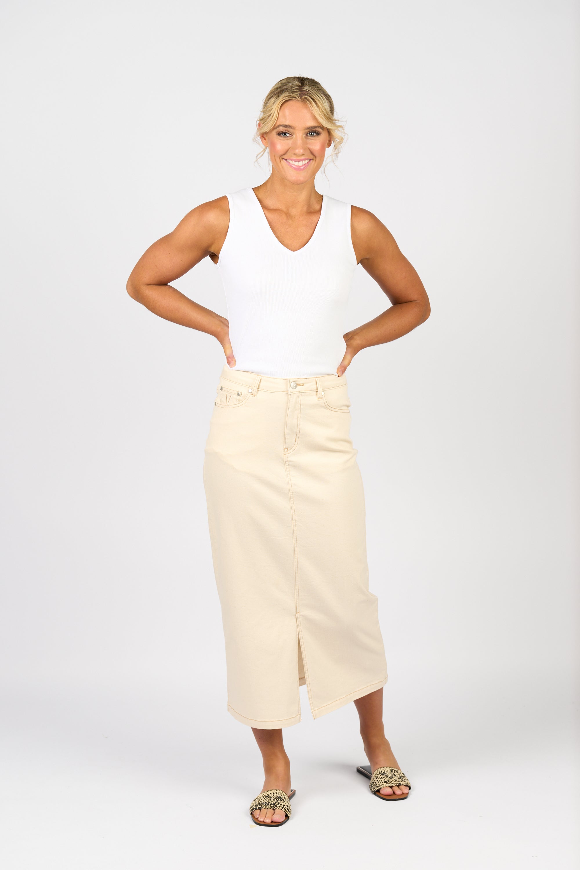 Vassalli Mid Length Skirt with Centre Front Split - Bone