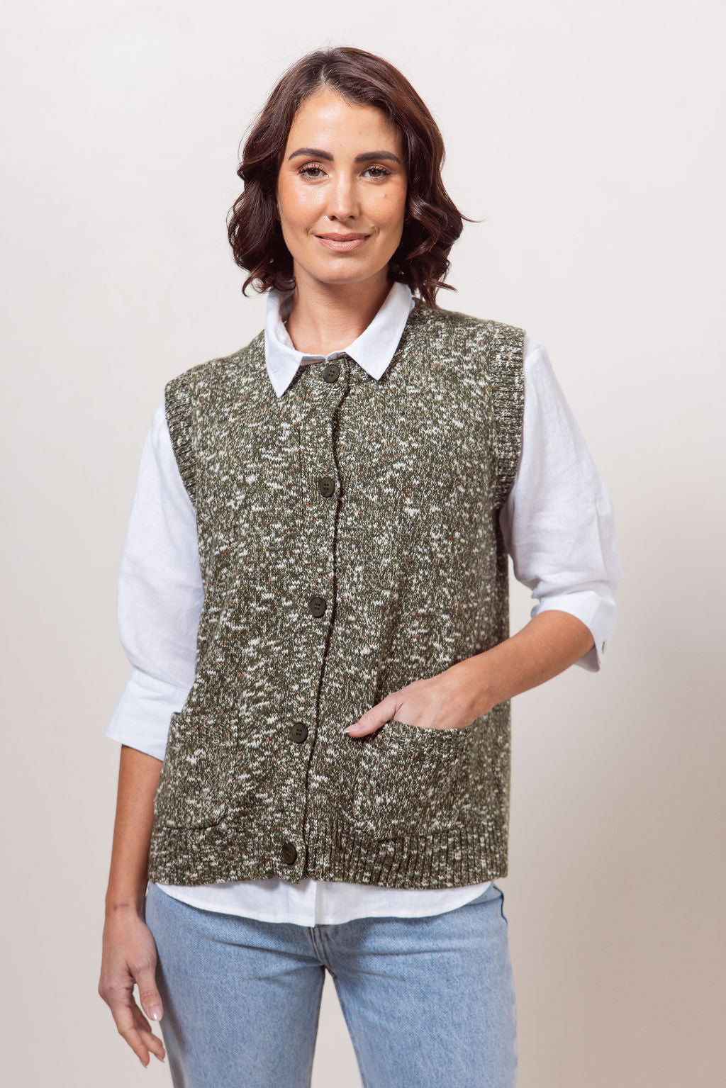 See Saw Button Front Vest - Khaki Speckle