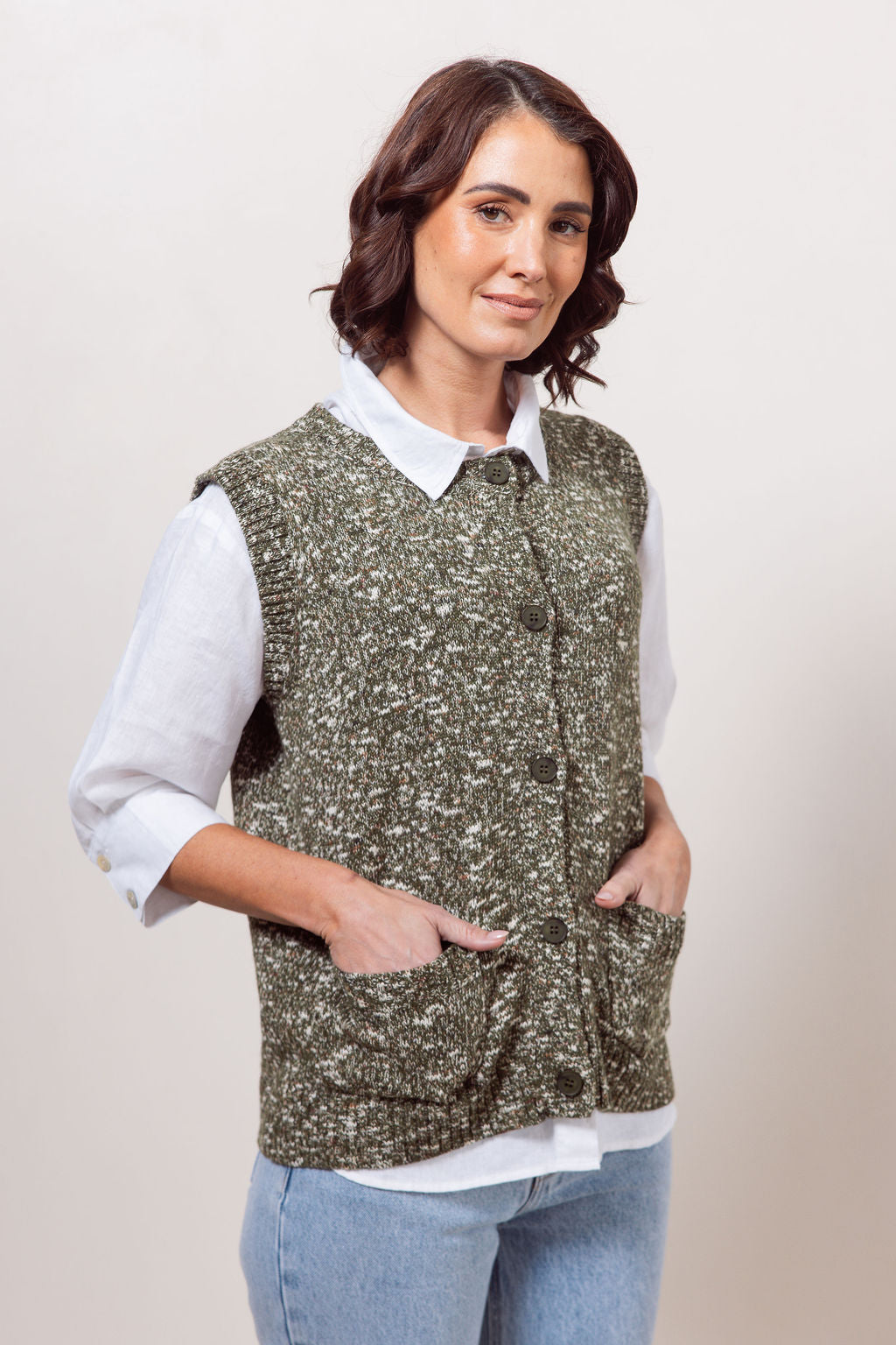 See Saw Button Front Vest - Khaki Speckle