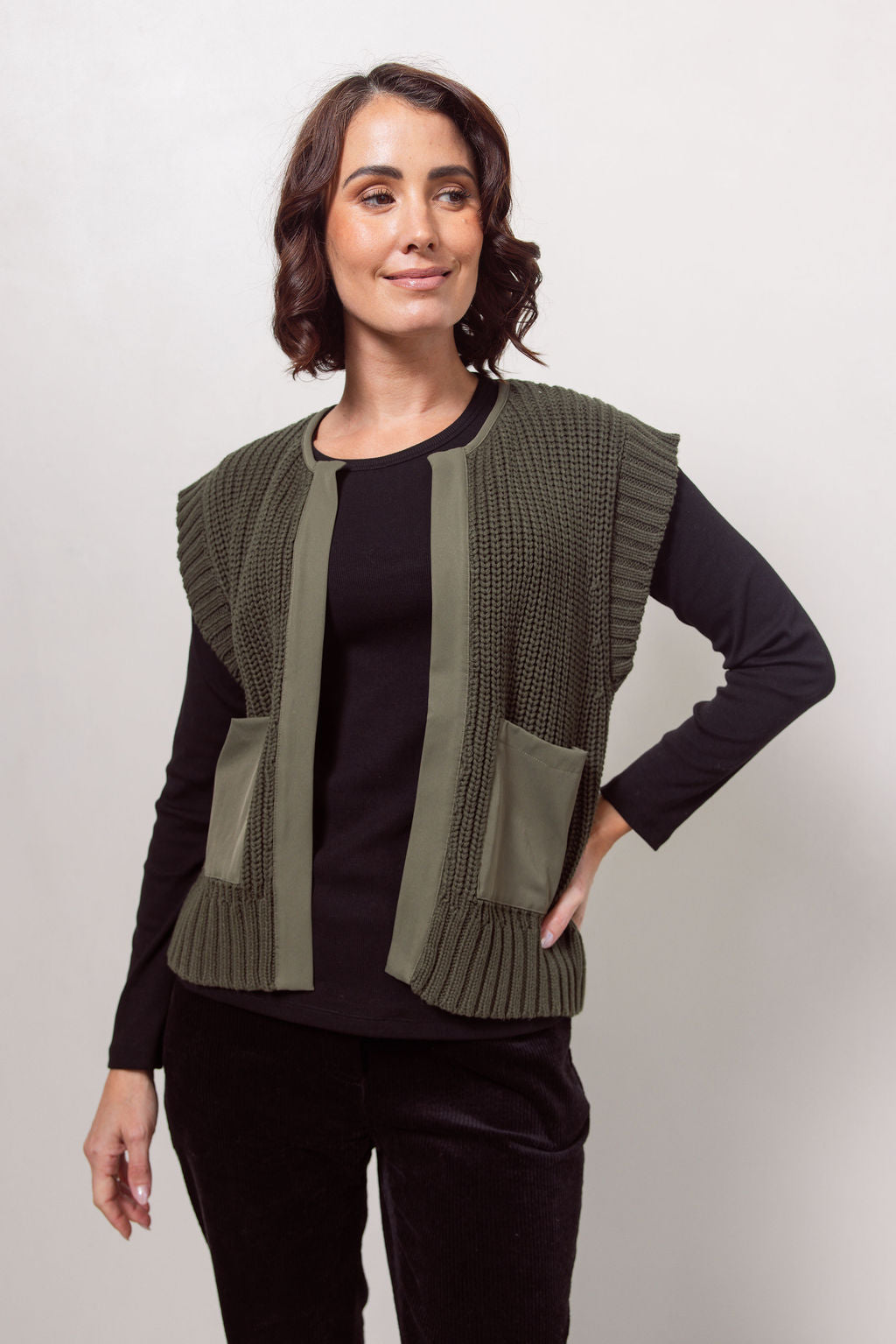 See Saw Woven Trim Knit Vest - Khaki