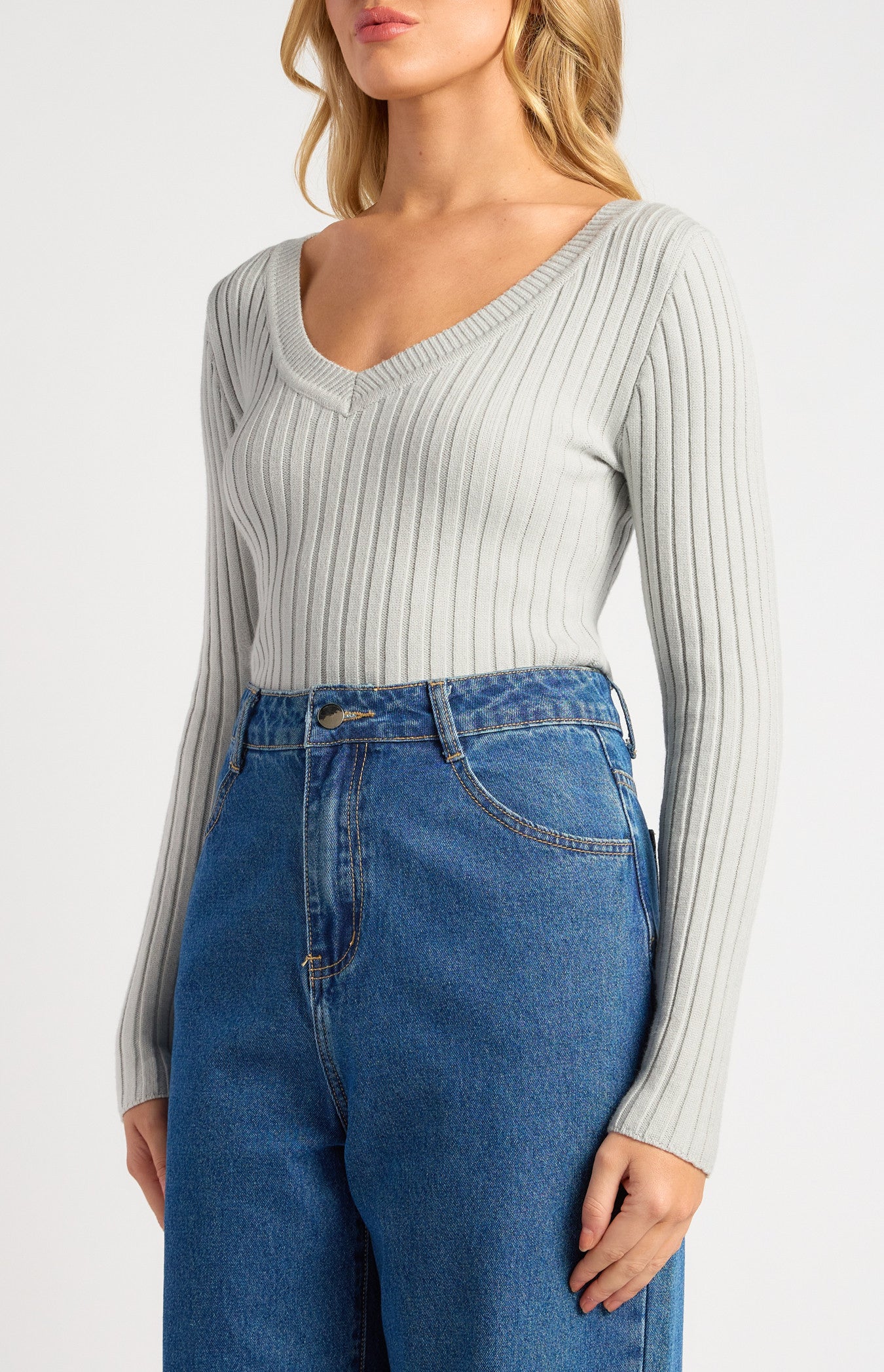 Style State V Neckline Wide Rib Knit Top - Grey