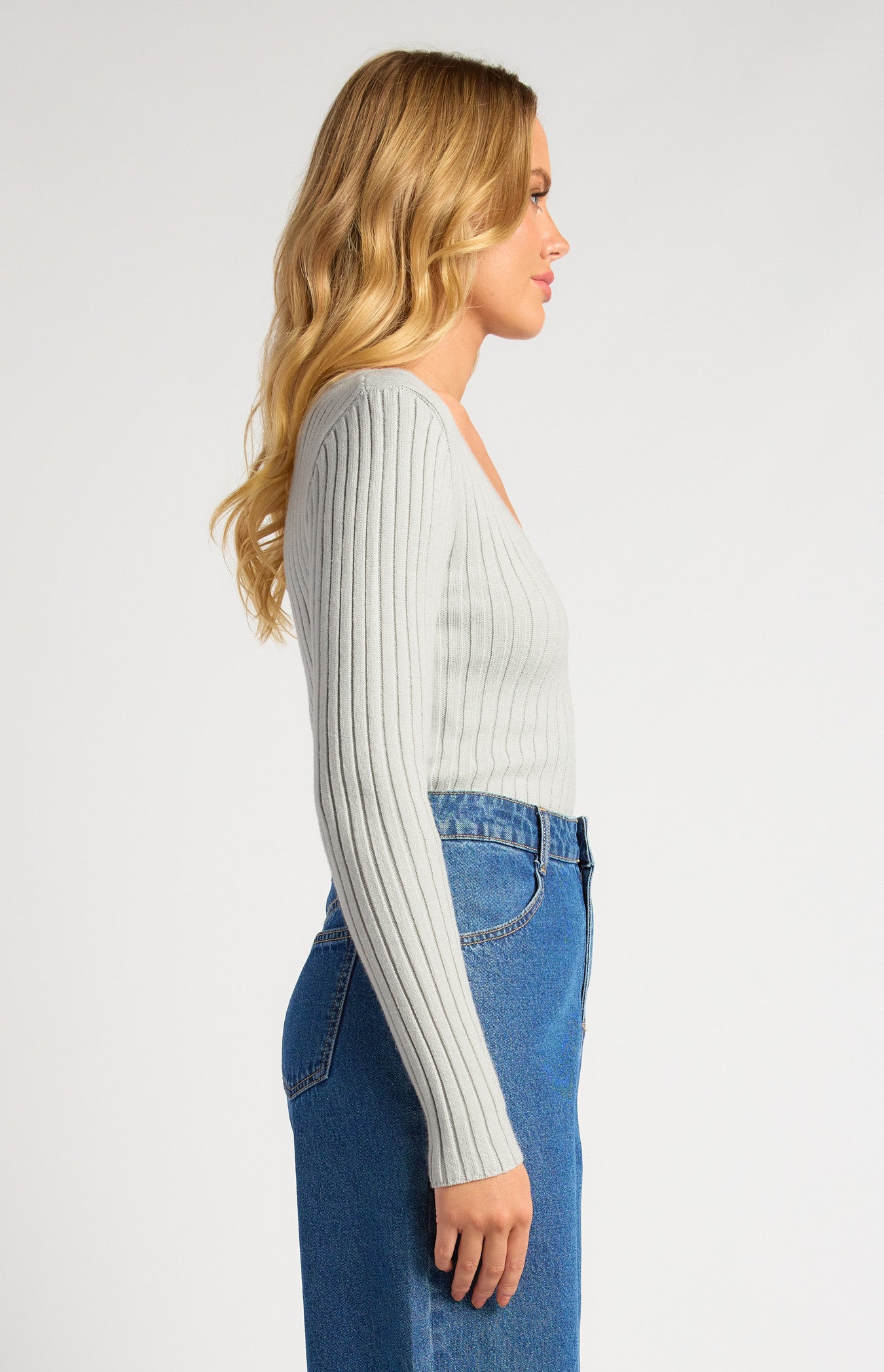 Style State V Neckline Wide Rib Knit Top - Grey