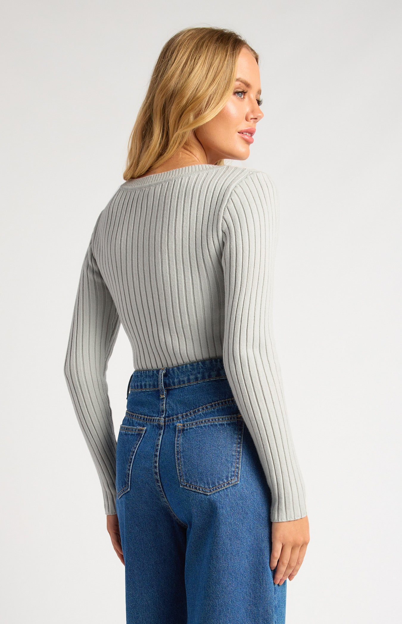 Style State V Neckline Wide Rib Knit Top - Grey