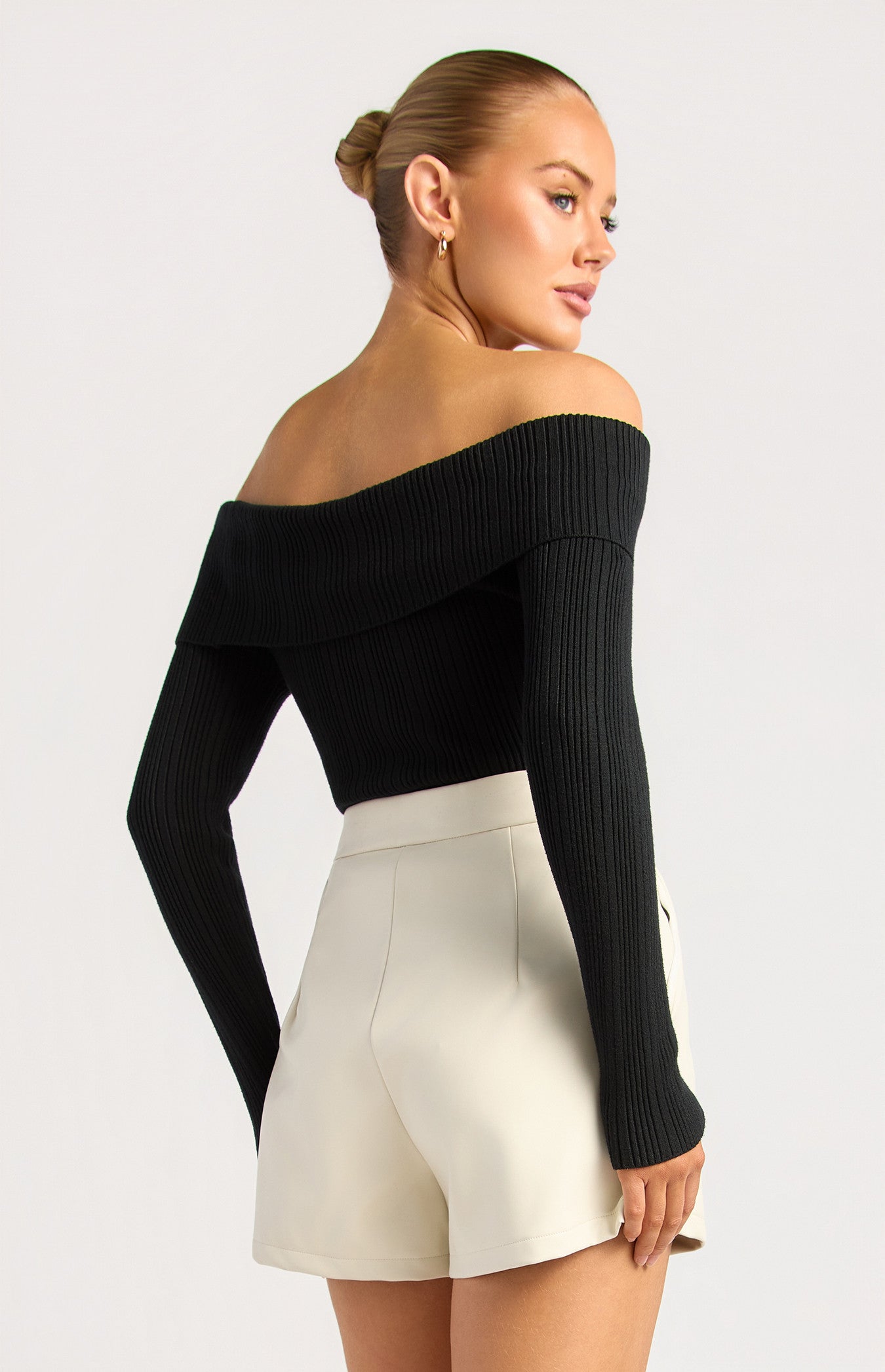 Style State Off Shoulder Unbuttoned Neckline Detail Knit - Black