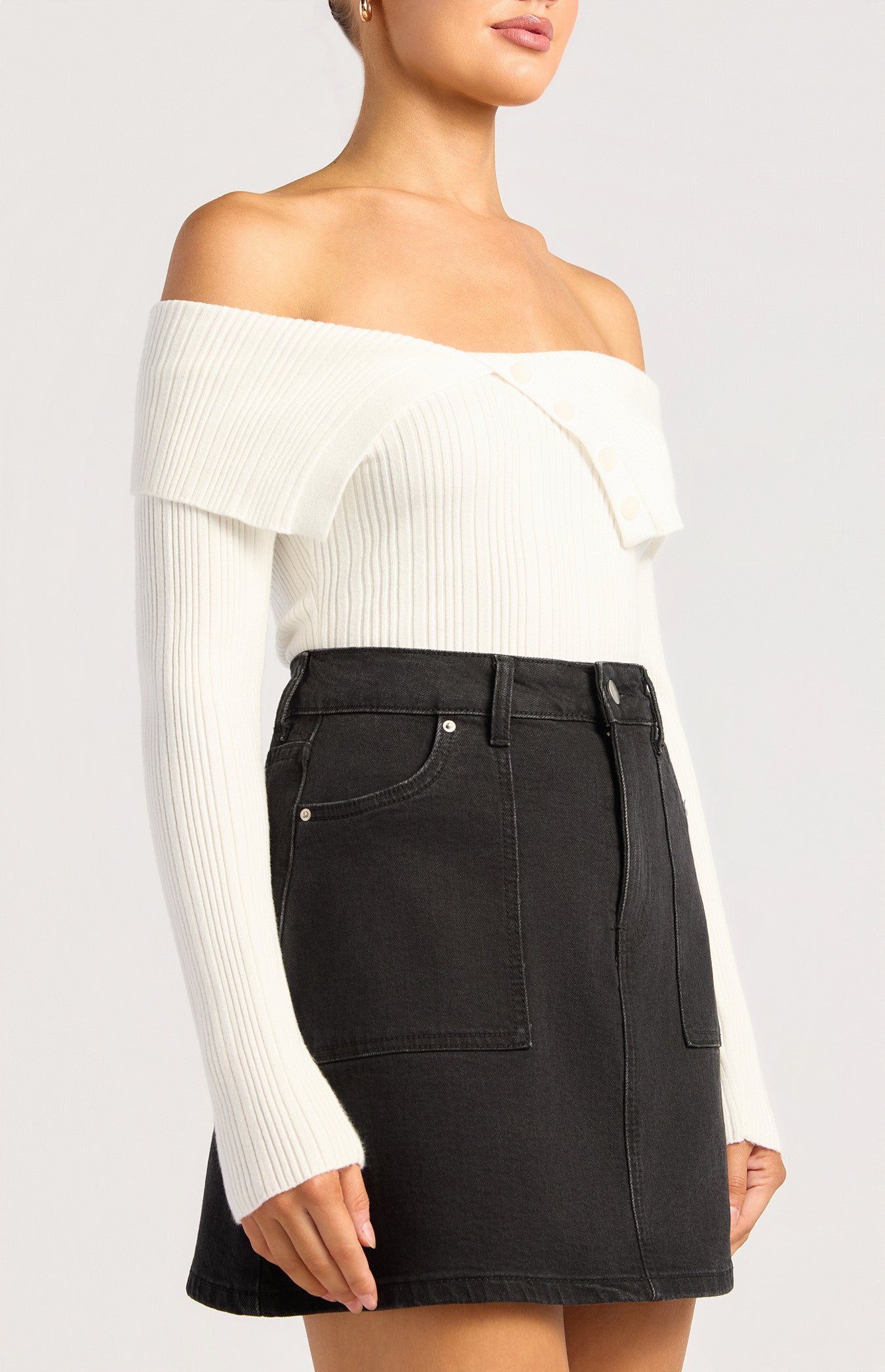 Style State Off Shoulder Unbuttoned Neckline Detail Knit - White