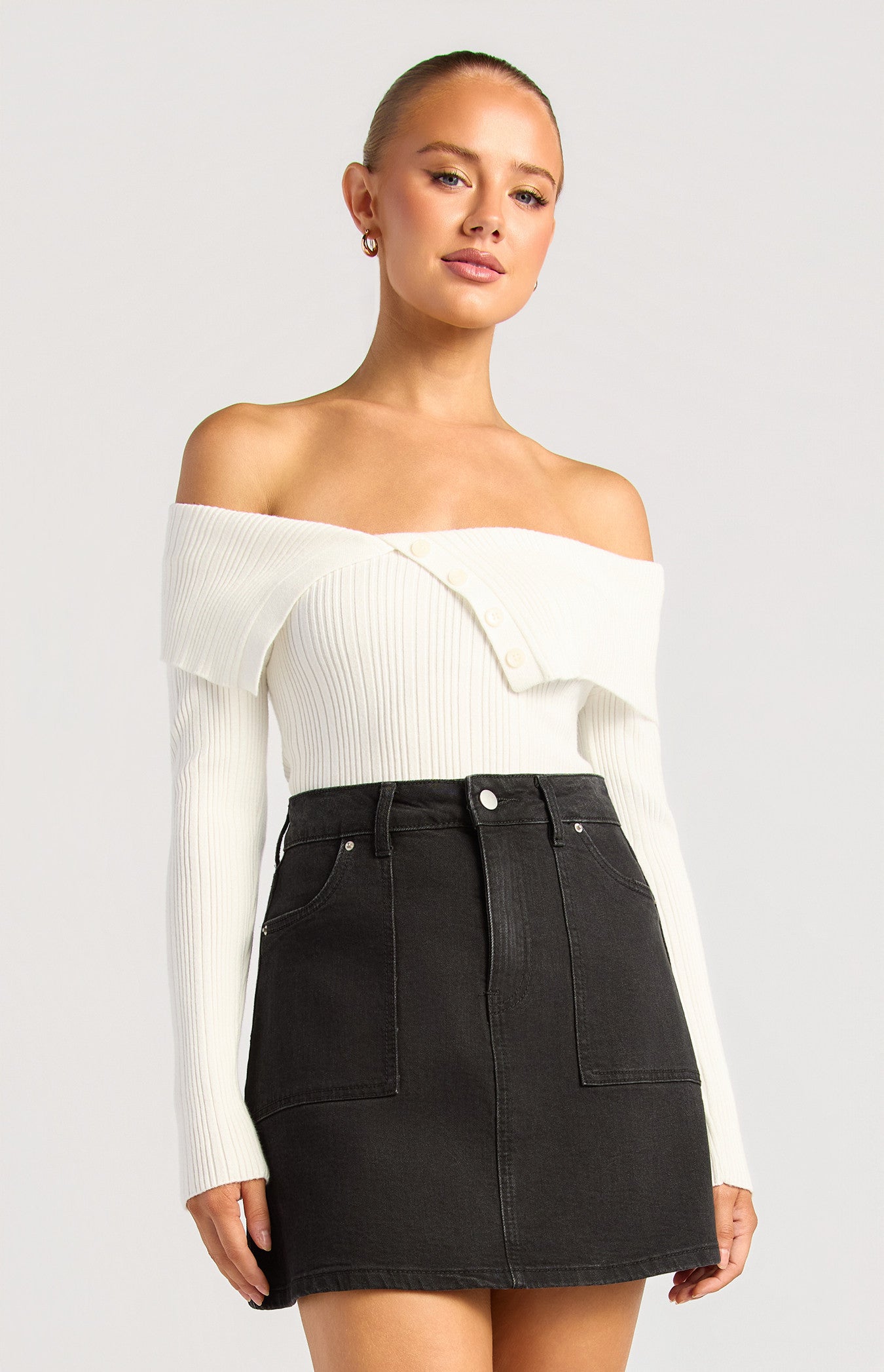 Style State Off Shoulder Unbuttoned Neckline Detail Knit - White