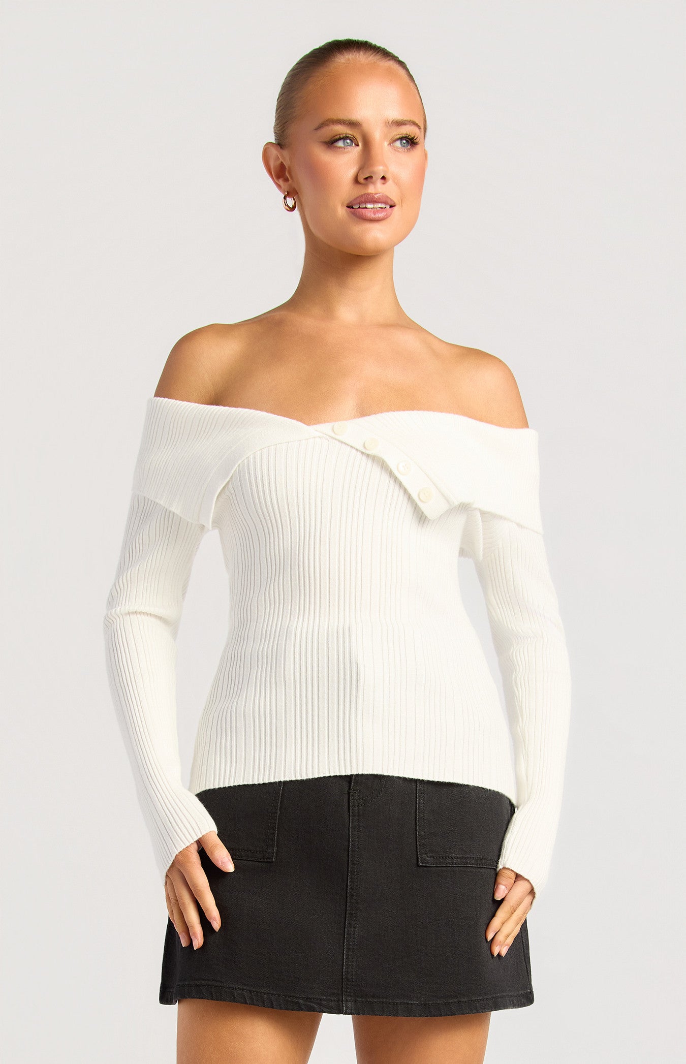 Style State Off Shoulder Unbuttoned Neckline Detail Knit - White