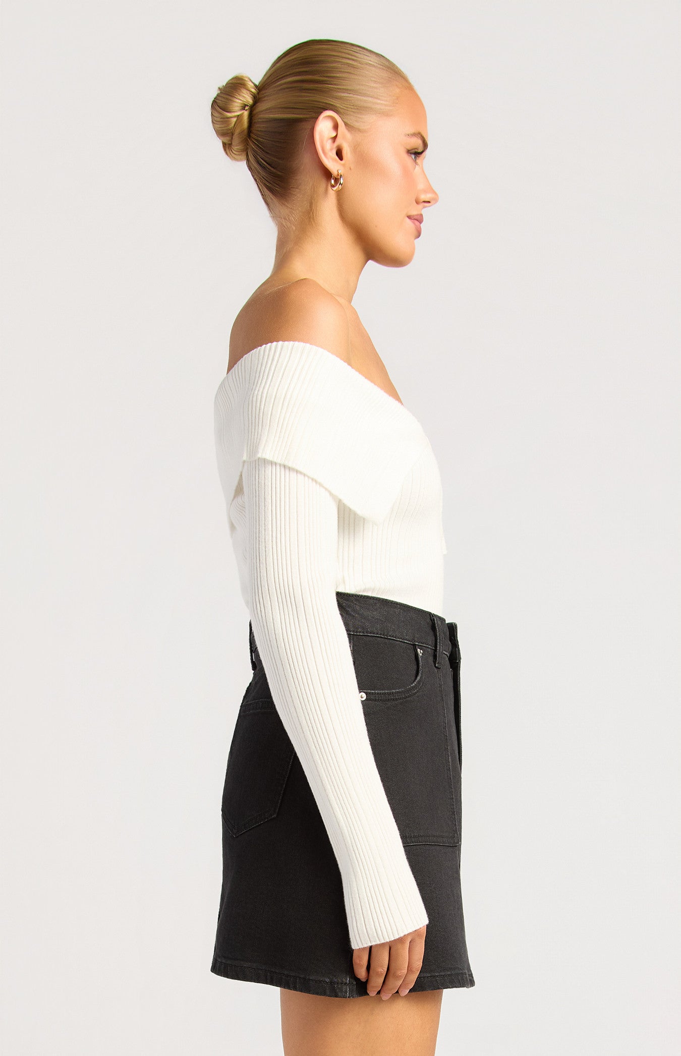 Style State Off Shoulder Unbuttoned Neckline Detail Knit - White