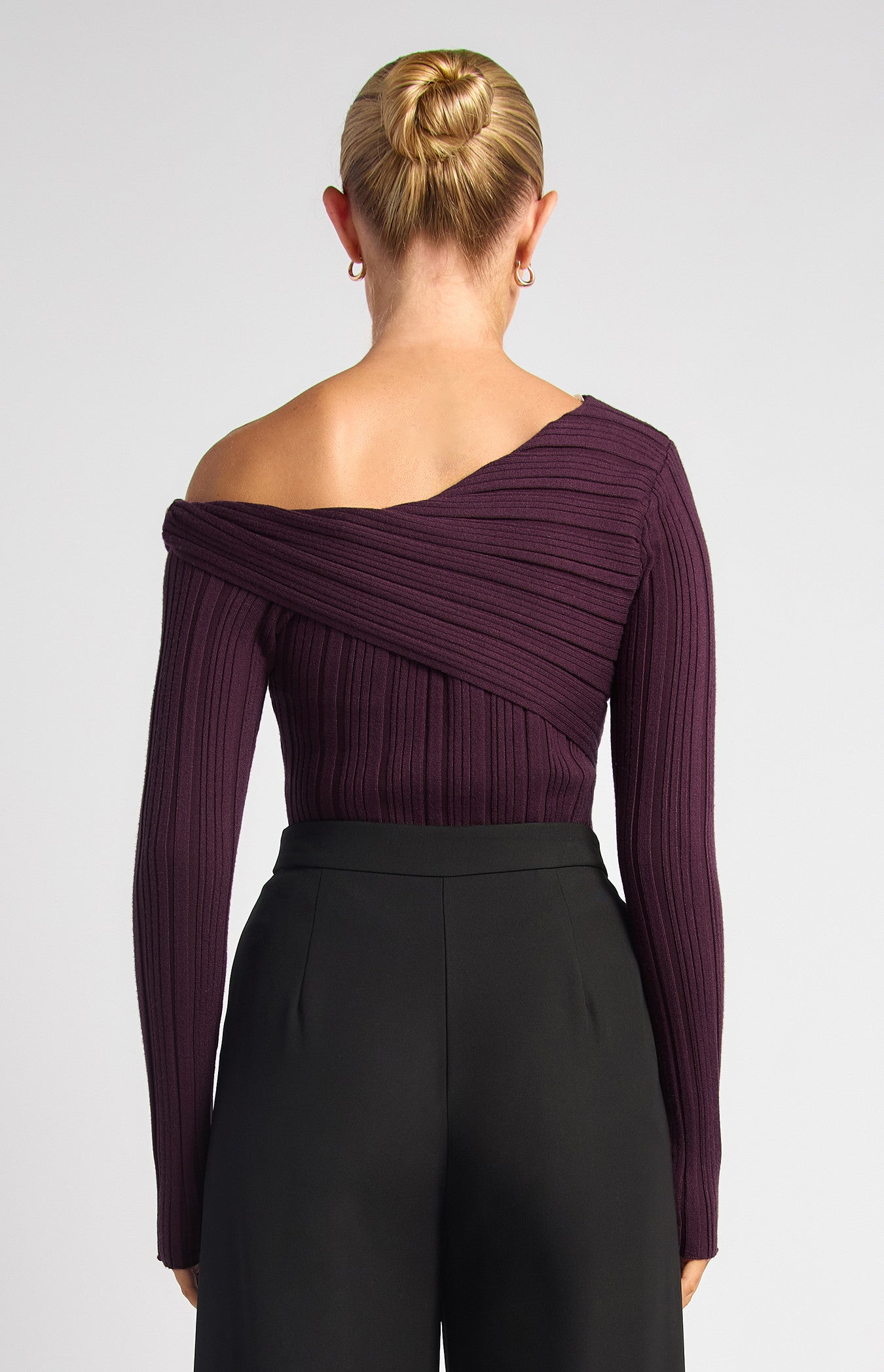 Style State Side Gold Ring Asymmetric Neckline Knit Top - Dark Plum