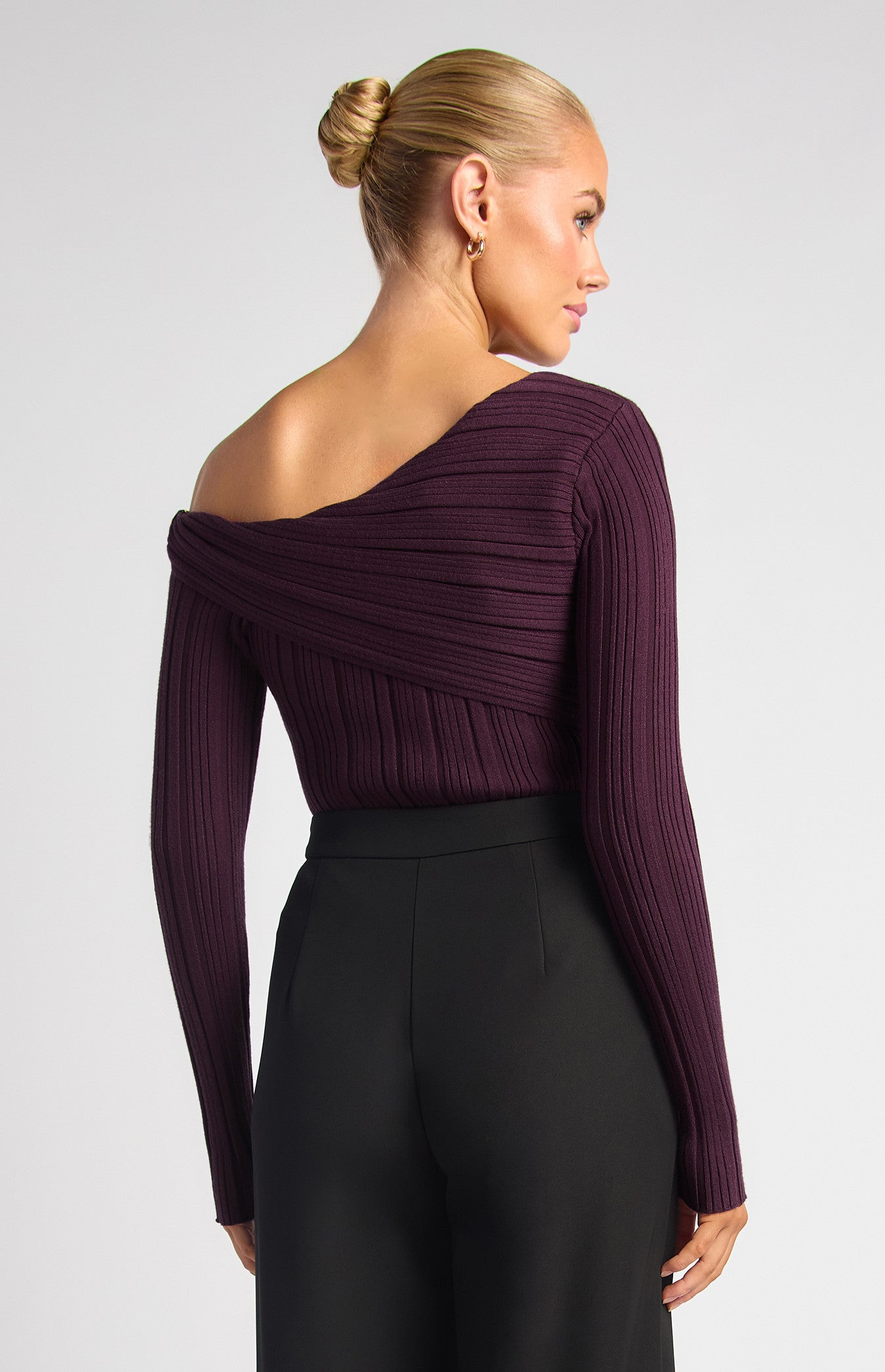 Style State Side Gold Ring Asymmetric Neckline Knit Top - Dark Plum