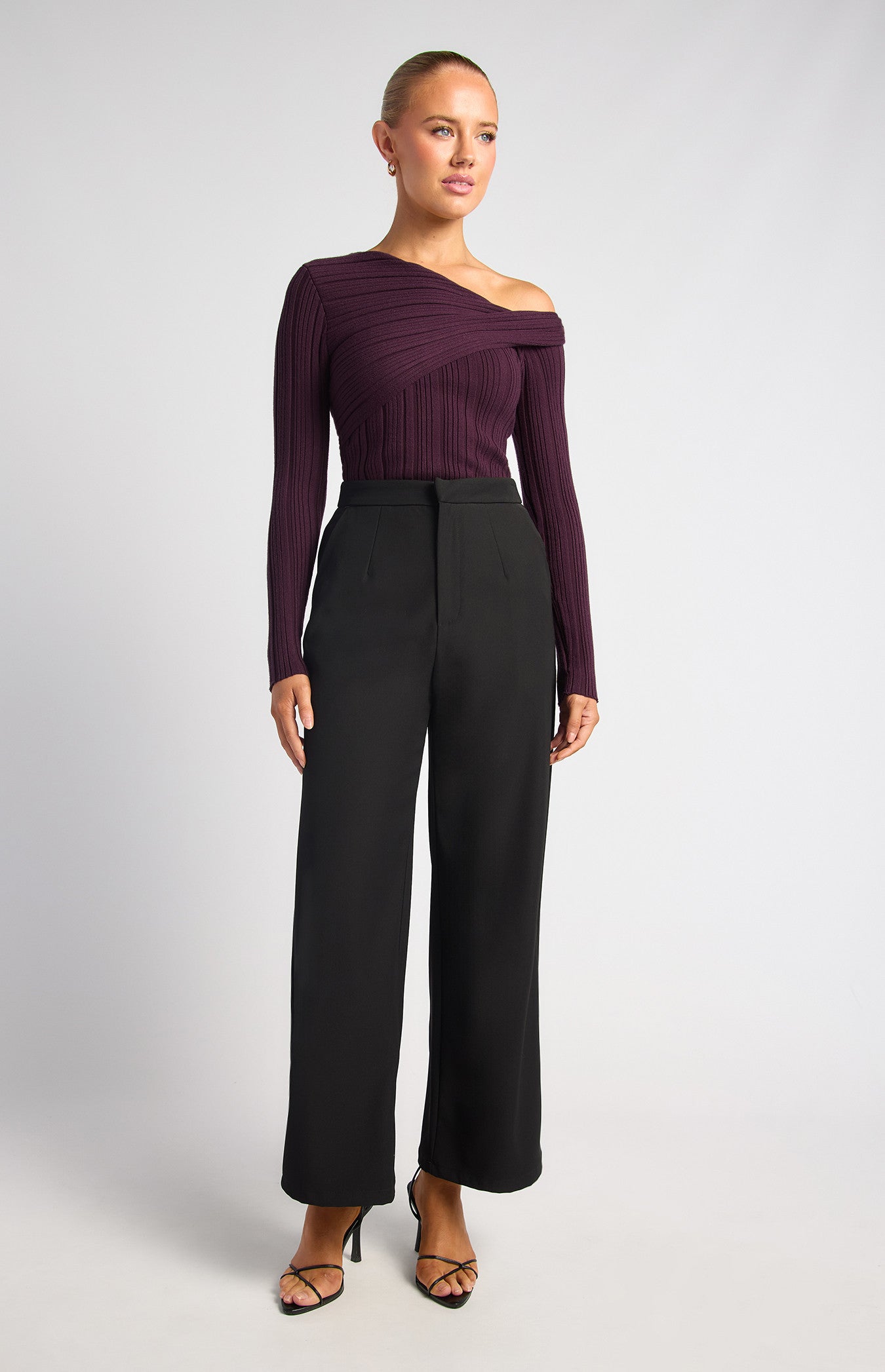 Style State Side Gold Ring Asymmetric Neckline Knit Top - Dark Plum