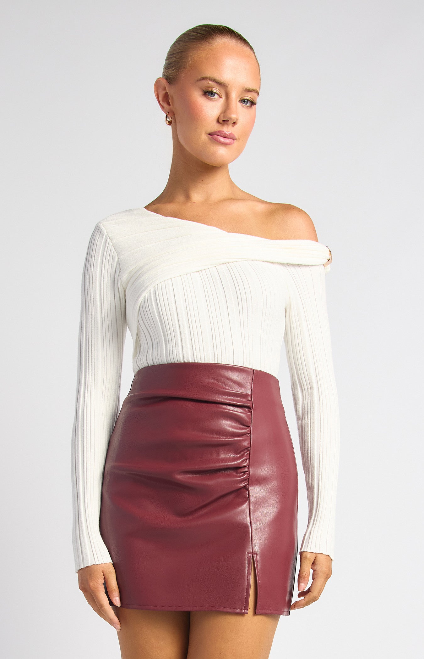 Style State Side Gold Ring Asymmetric Neckline Knit Top - White