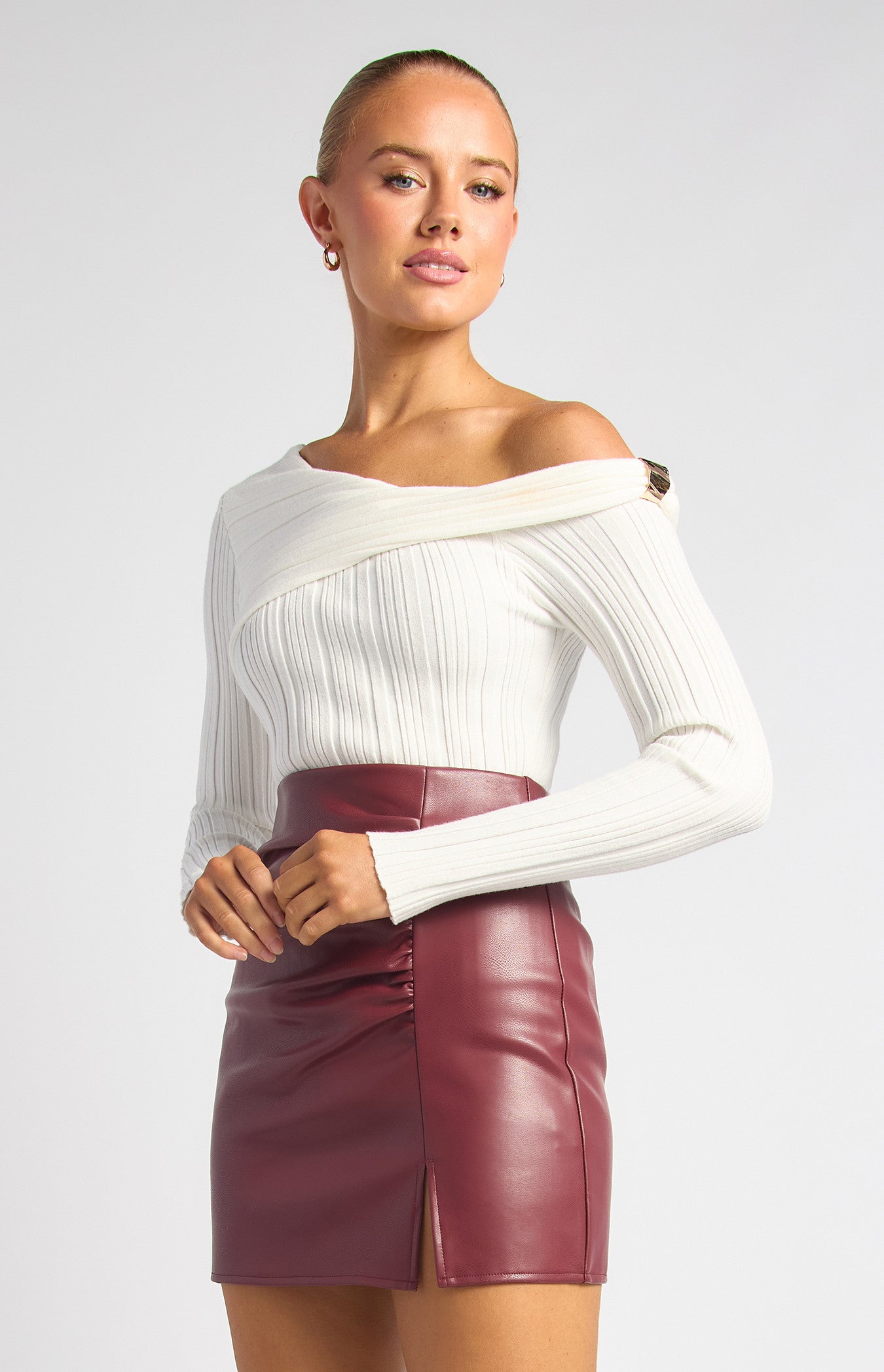 Style State Side Gold Ring Asymmetric Neckline Knit Top - White