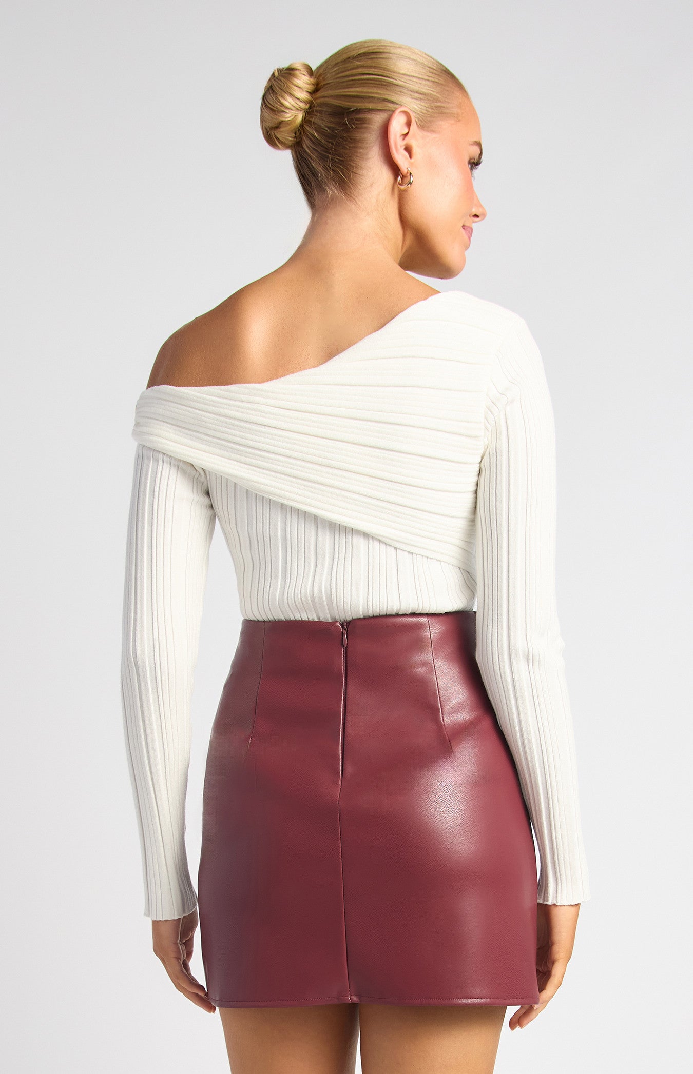 Style State Side Gold Ring Asymmetric Neckline Knit Top - White
