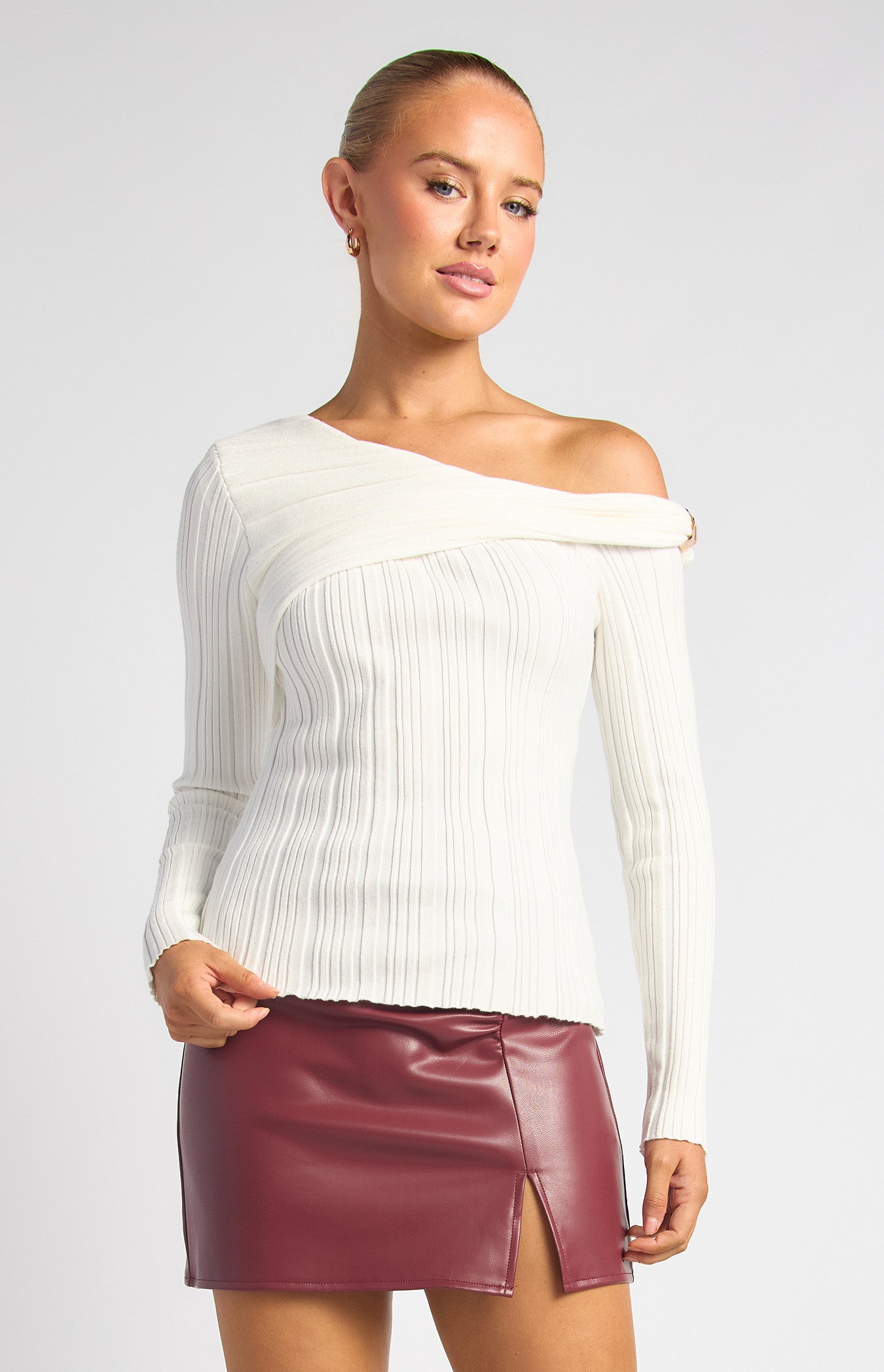 Style State Side Gold Ring Asymmetric Neckline Knit Top - White