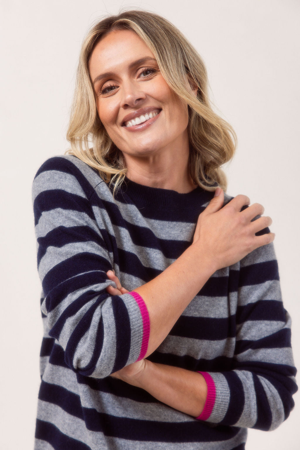 See Saw Crew Neck Stripe Sweater - Navy/Grey Pink Tips