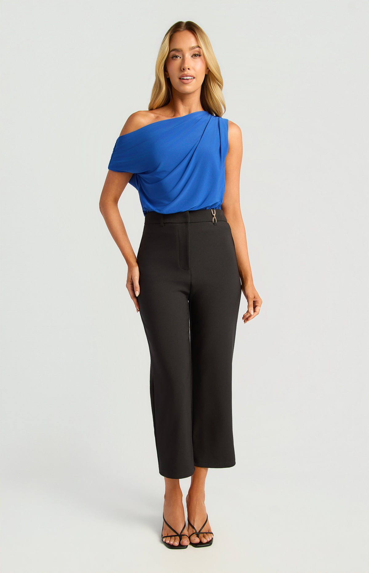 Style State Asymmetric Drape Shoulder Top Detail With Fitted Hem - Cobalt Blue